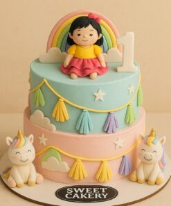 Two-tier pastel rainbow unicorn first birthday cake with fondant girl topper, rainbow backdrop, number 1 topper in Bangalore.