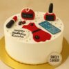 Round fashion-themed birthday cake for teenager girl with red fondant dress, lipstick, smartphone