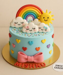 Rainbow sunshine birthday cake with rainbow topper, smiling sun, fondant clouds, colourful hearts, and Sweet Cakery branding in Bangalore