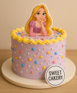 Single-tier pastel Rapunzel theme birthday cake with yellow ruffle piping, star sprinkles, and a princess topper