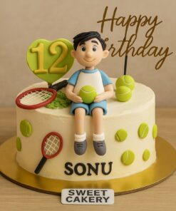 Tennis theme birthday cake for boys in Bangalore. 100% eggless, handcrafted design with tennis balls & racket. Sweet Cakery exclusive.