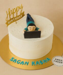 Work From Home theme birthday cake with laptop and figurine design on cream finish from Sweet Cakery Bangalore, custom cake for modern celebrations.