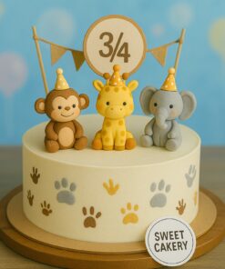 A 9 months birthday cake from Sweet Cakery featuring a cute jungle theme with monkey, giraffe, and elephant toppers in a party-style design.