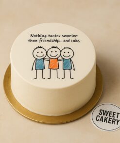 A best friends theme cake from Sweet Cakery featuring a cartoon illustration of three friends with a fun friendship design on top.