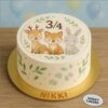 A 3/4 year woodland theme cake from Sweet Cakery featuring cute fox, deer and bunny print with leafy accents