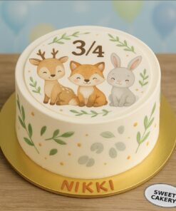A 3/4 year woodland theme cake from Sweet Cakery featuring cute fox, deer and bunny print with leafy accents