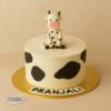 Cow theme birthday cake with fondant cow topper and black spots, custom Sweet Cakery design in Bangalore