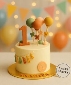 Little star first birthday cake from Sweet Cakery featuring smooth cream icing, colourful balloon toppers, tassel garland, and star-themed decorations.