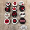 Bold red and black Naughty Nights cupcakes from Sweet Cakery, featuring lingerie, lips, hearts, and playful adult party decorations.